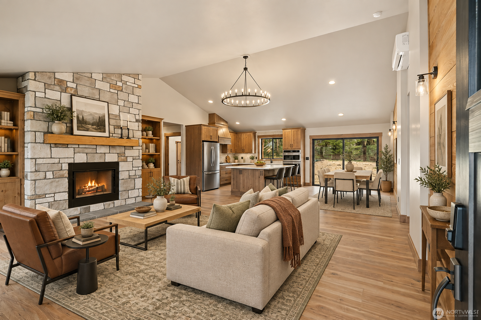 Virtually staged great room with kitchen and dining area
